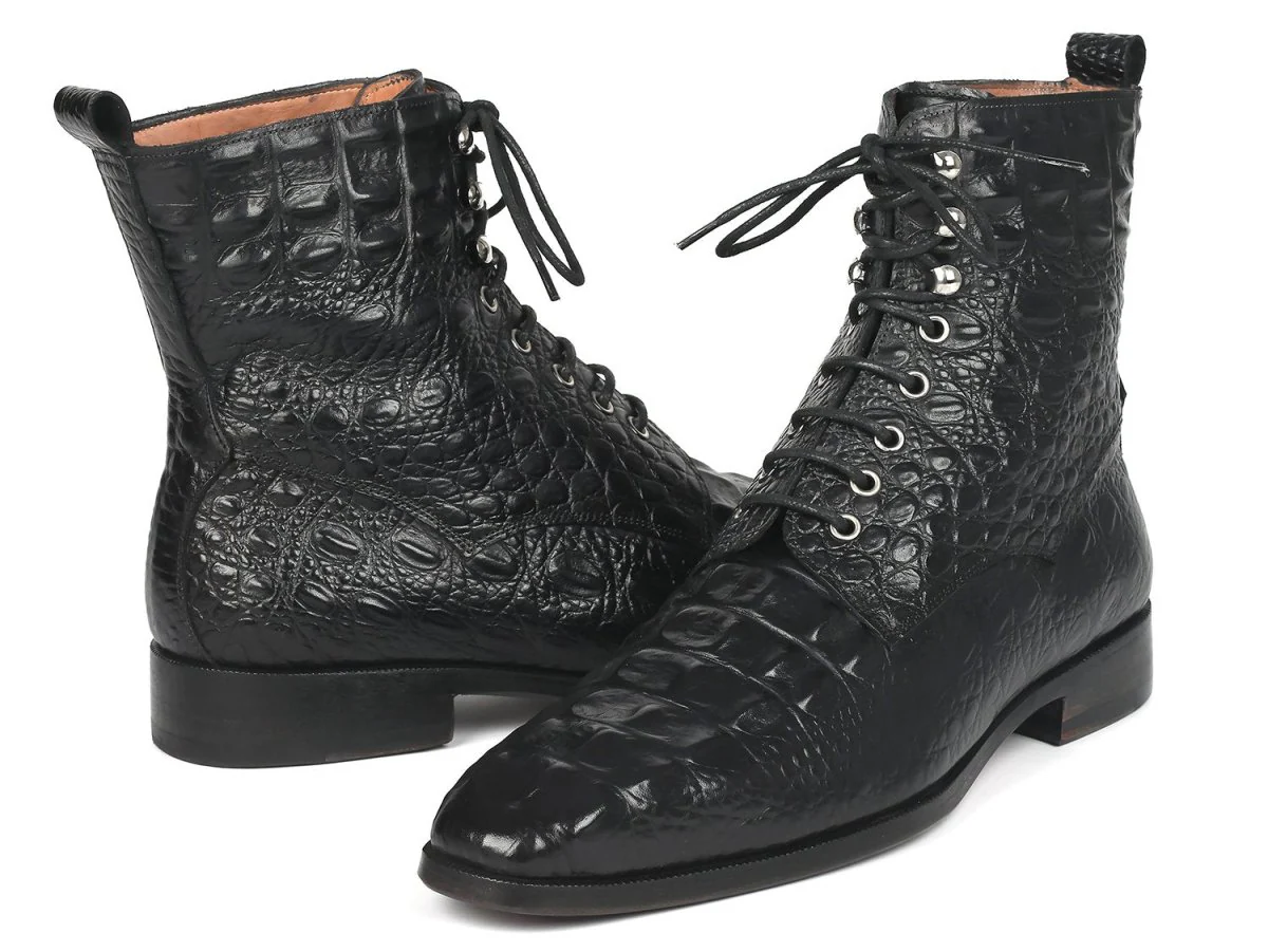 Paul Parkman Men's Croco-Embossed Leather Lace-Up Boots in Black - Image 2