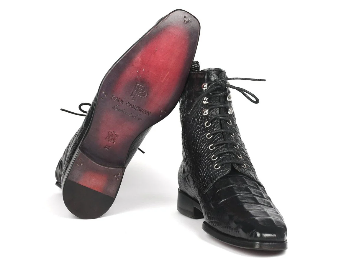 Paul Parkman Men's Croco-Embossed Leather Lace-Up Boots in Black - Image 3