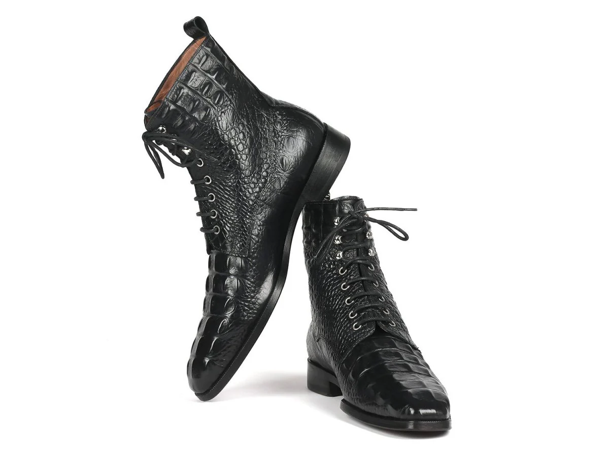 Paul Parkman Men's Croco-Embossed Leather Lace-Up Boots in Black - Image 4