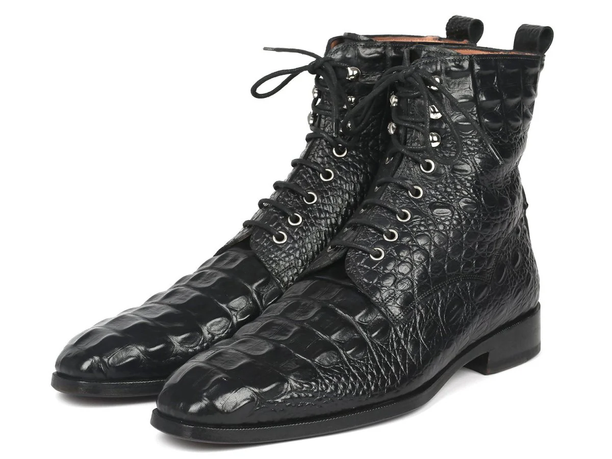 Paul Parkman Men's Croco-Embossed Leather Lace-Up Boots in Black - Image 5
