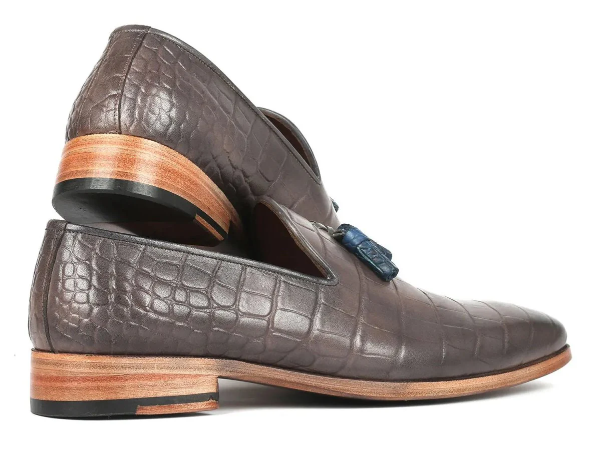 Paul Parkman Men's Crocodile Embossed Calfskin Tassel Loafer in Gray
