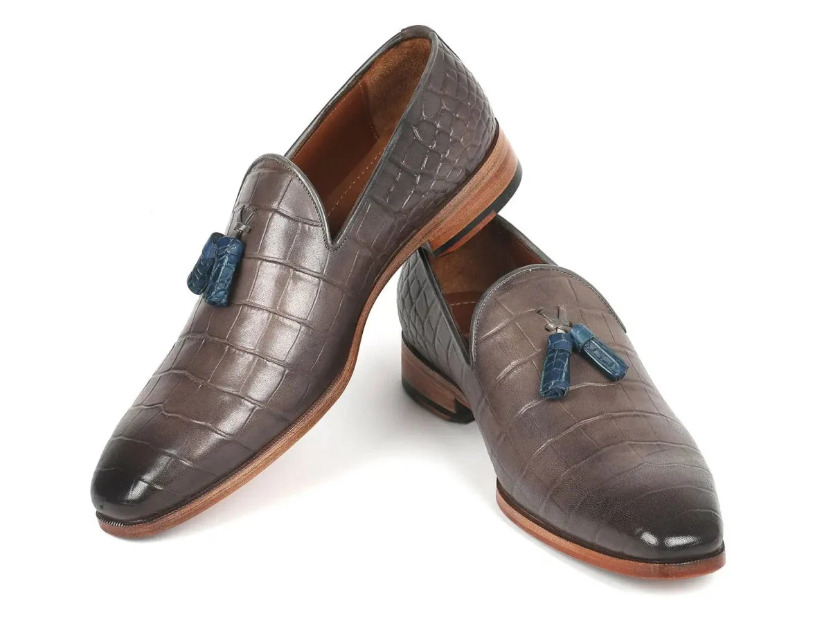Paul Parkman Men's Crocodile Embossed Calfskin Tassel Loafer in Gray - Image 3