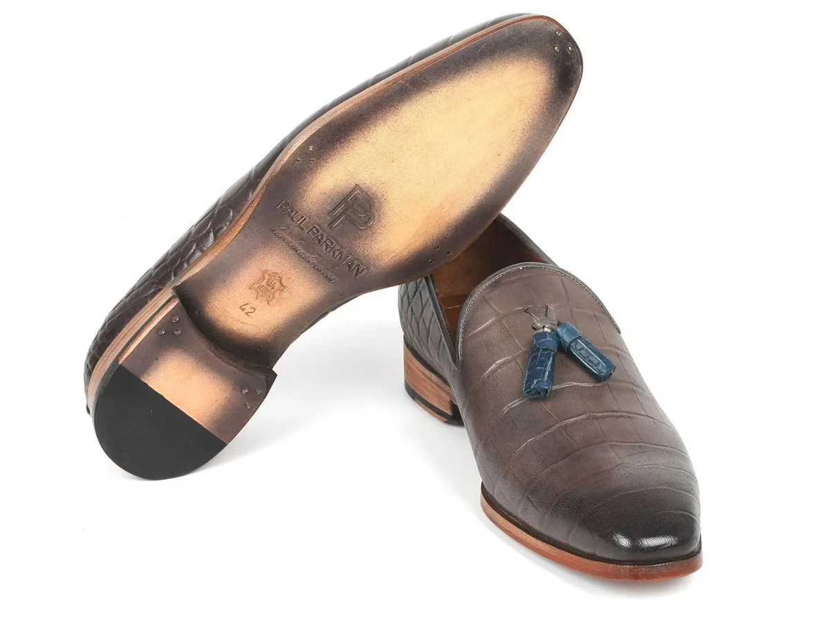 Paul Parkman Men's Crocodile Embossed Calfskin Tassel Loafer in Gray - Image 4