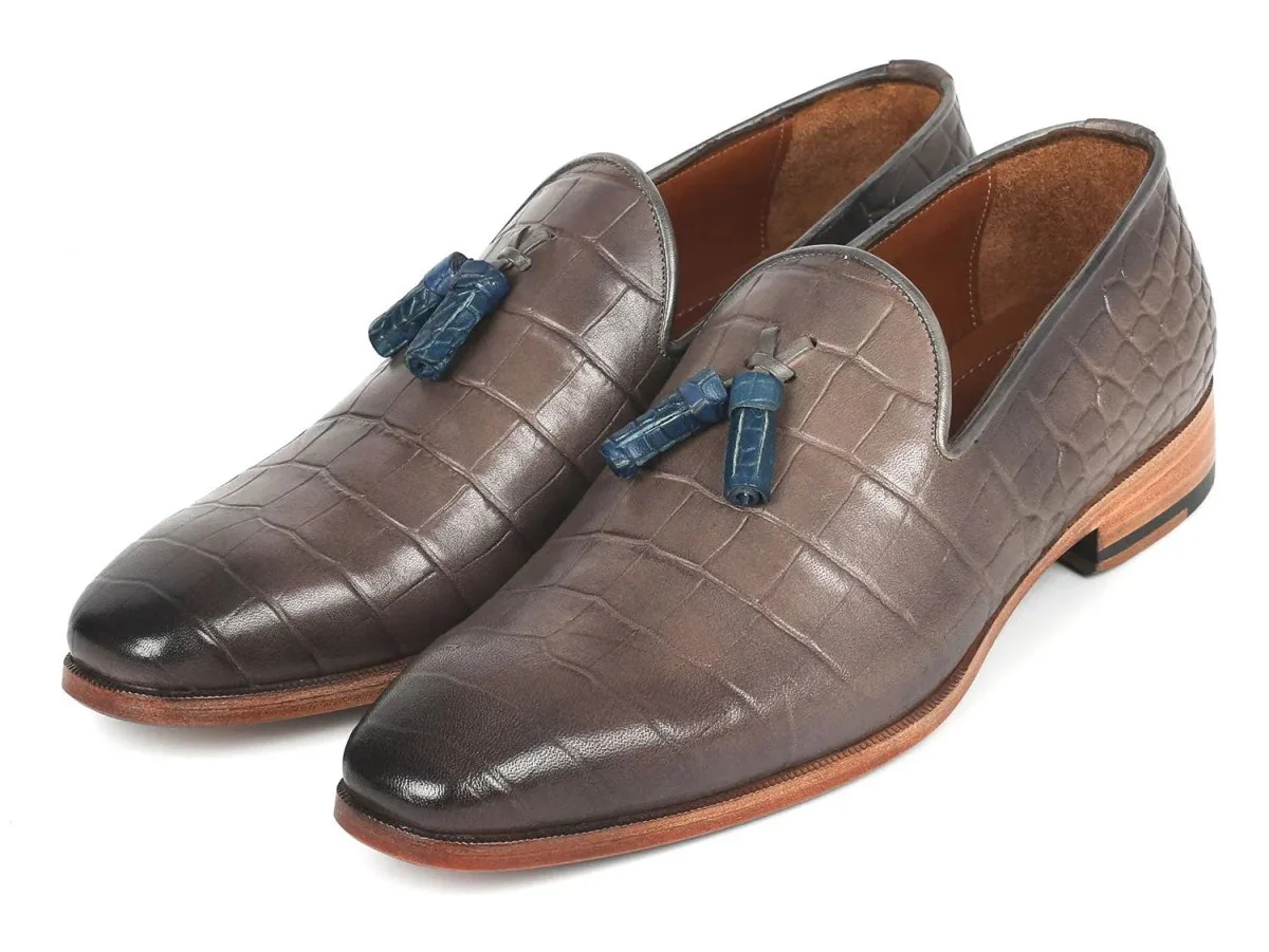 Paul Parkman Men's Crocodile Embossed Calfskin Tassel Loafer in Gray - Image 5