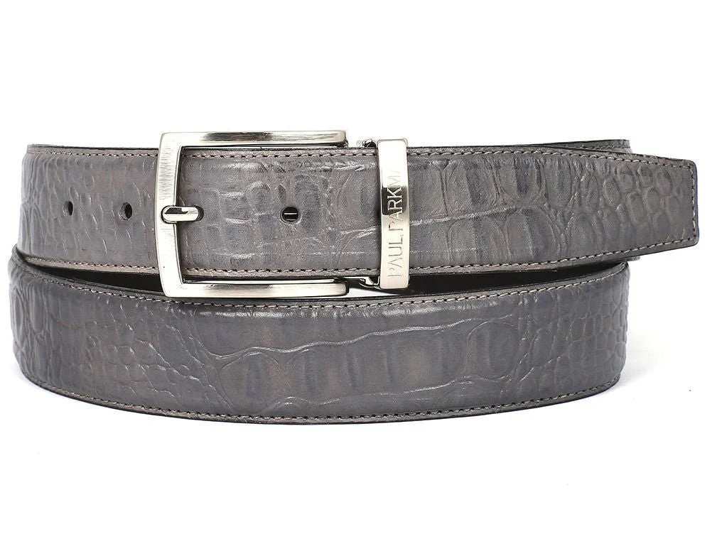 Paul Parkman Men's Crocodile Textured Leather Belt Gray (ID#B02-GRY)