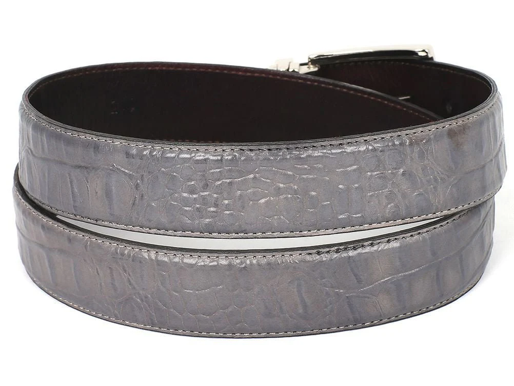 Paul Parkman Men's Crocodile Textured Leather Belt Gray (ID#B02-GRY) - Image 2