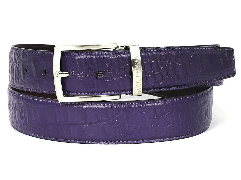 Paul Parkman Men's Crocodile Textured Leather Belt Purple (ID#B02-RP)