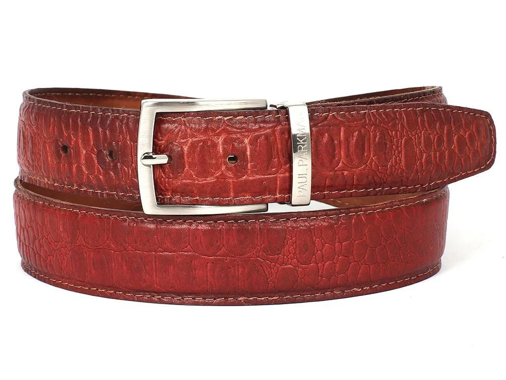 Paul Parkman Men's Crocodile Textured Leather Belt Reddish (ID#B02-RDH)