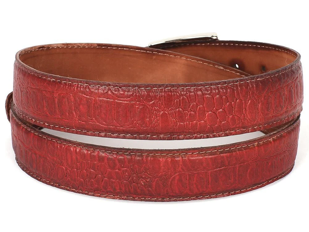 Paul Parkman Men's Crocodile Textured Leather Belt Reddish (ID#B02-RDH) - Image 2