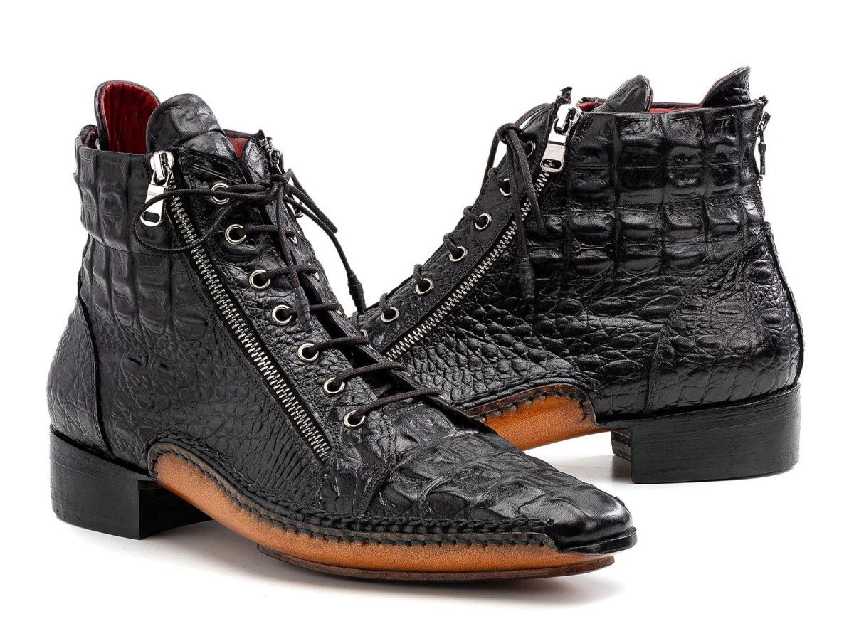 Paul Parkman Men's Custom Made Black Crocodile Textured Leather Zipper Boots 88APT68 - Image 5