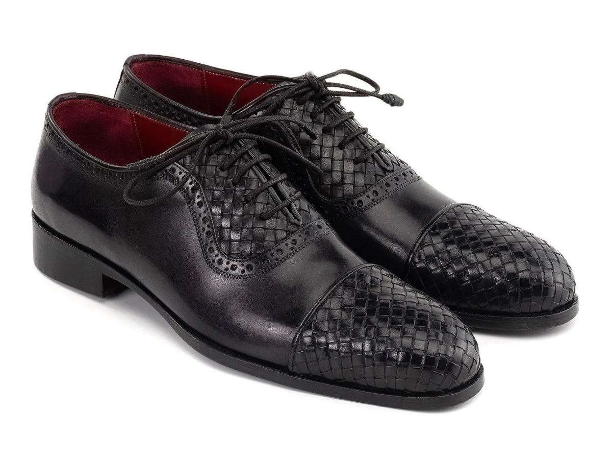 Paul Parkman Men's Custom Made Black Woven Leather Cap Toe Oxford Shoes 49851-BLK