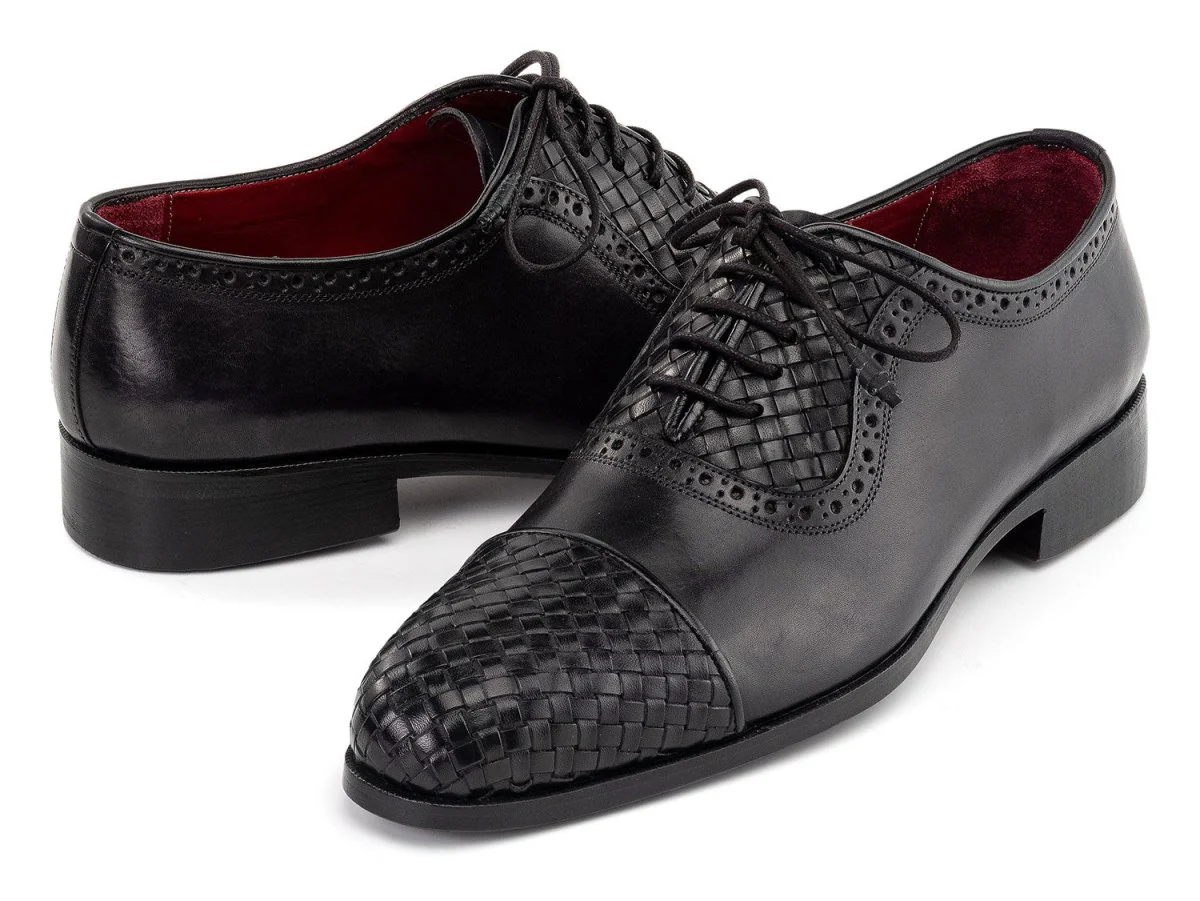 Paul Parkman Men's Custom Made Black Woven Leather Cap Toe Oxford Shoes 49851-BLK - Image 3
