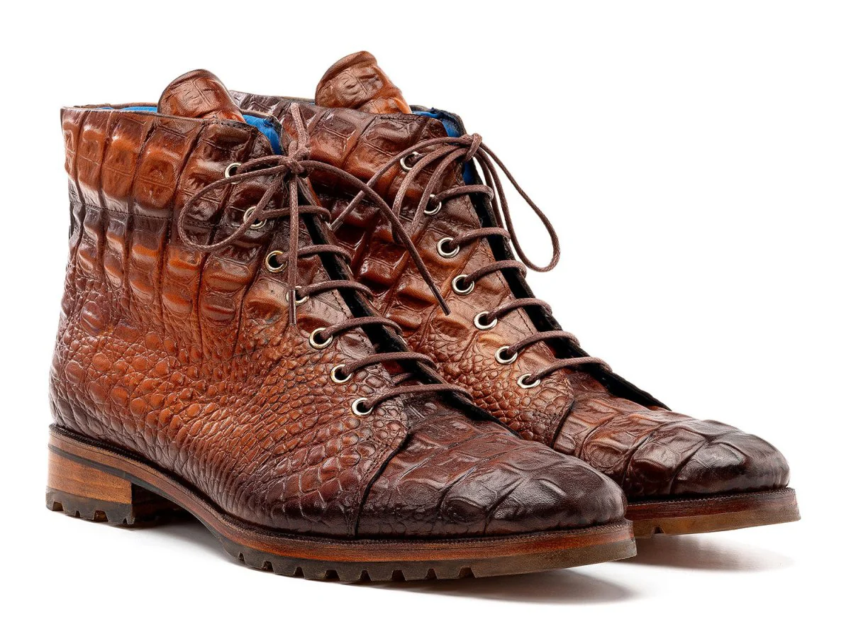 Paul Parkman Men's Custom Made Brown Croco Embossed Leather Boots 12811-BRW