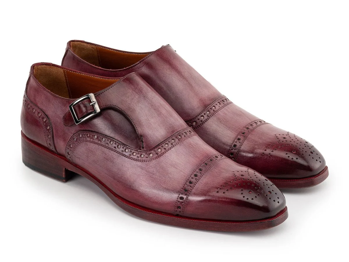 Paul Parkman Men's Custom Made Cap Toe Monkstrap Shoes Burgundy 65BUR28