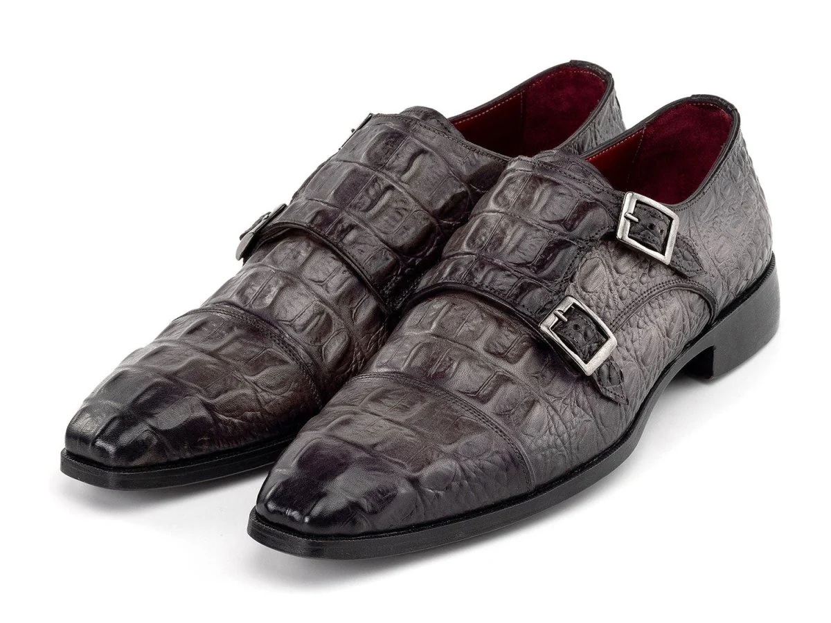 Paul Parkman Men's Custom Made Double Monkstrap Shoes Gray Crocodile Textured Leather 045BF96 - Image 6