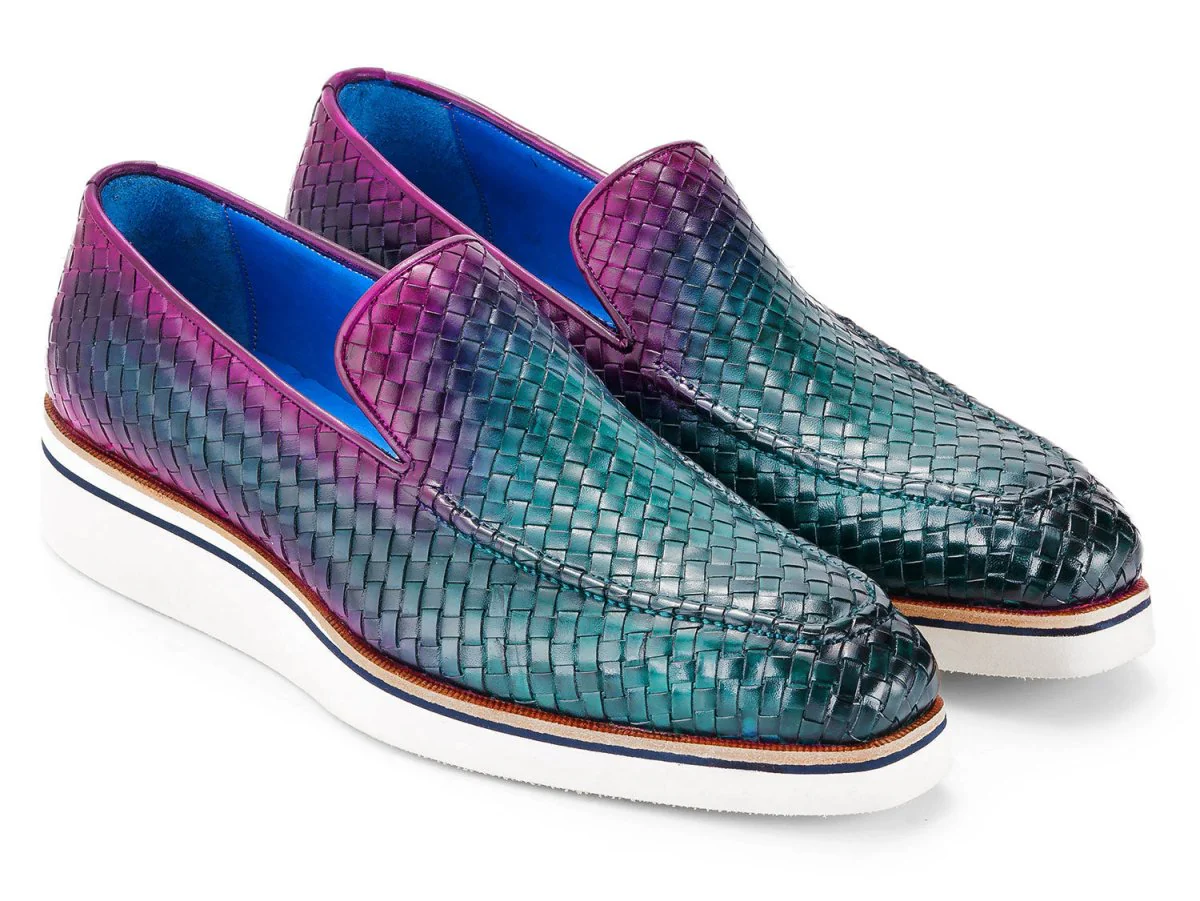 Paul Parkman Men's Custom Made Green and Purple Smart Casual Woven Leather Loafers 186-WN-GPR