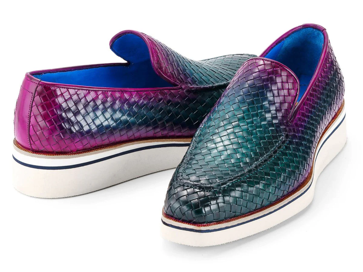 Paul Parkman Men's Custom Made Green and Purple Smart Casual Woven Leather Loafers 186-WN-GPR - Image 2