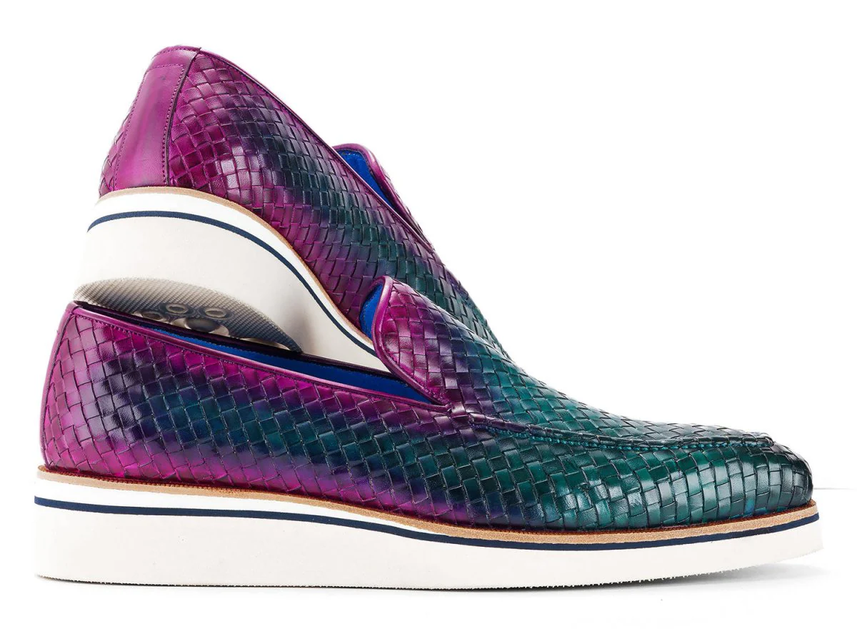 Paul Parkman Men's Custom Made Green and Purple Smart Casual Woven Leather Loafers 186-WN-GPR - Image 3