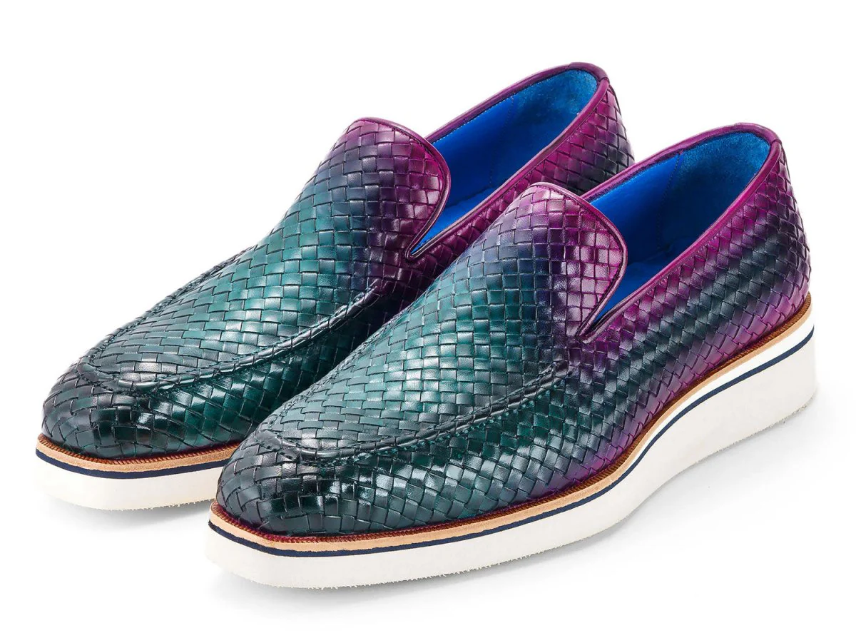 Paul Parkman Men's Custom Made Green and Purple Smart Casual Woven Leather Loafers 186-WN-GPR - Image 6