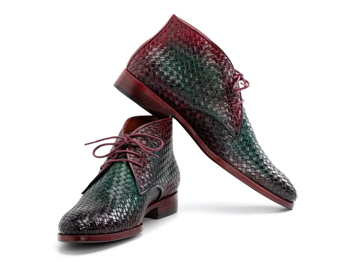 Paul Parkman Men's Custom Made Green and Purple Woven Leather Chukka Boots CK82WGP - Image 2