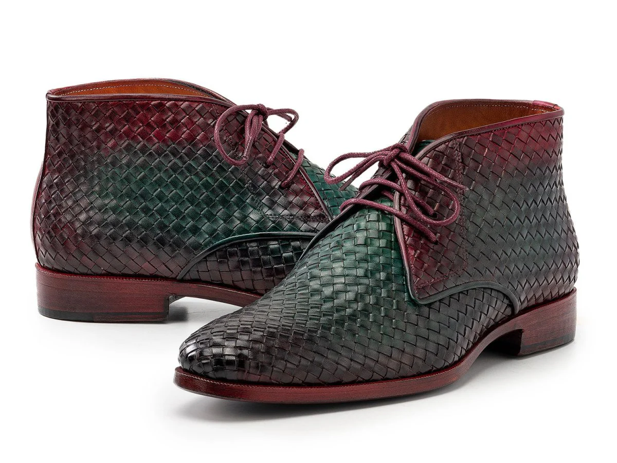 Paul Parkman Men's Custom Made Green and Purple Woven Leather Chukka Boots CK82WGP - Image 3