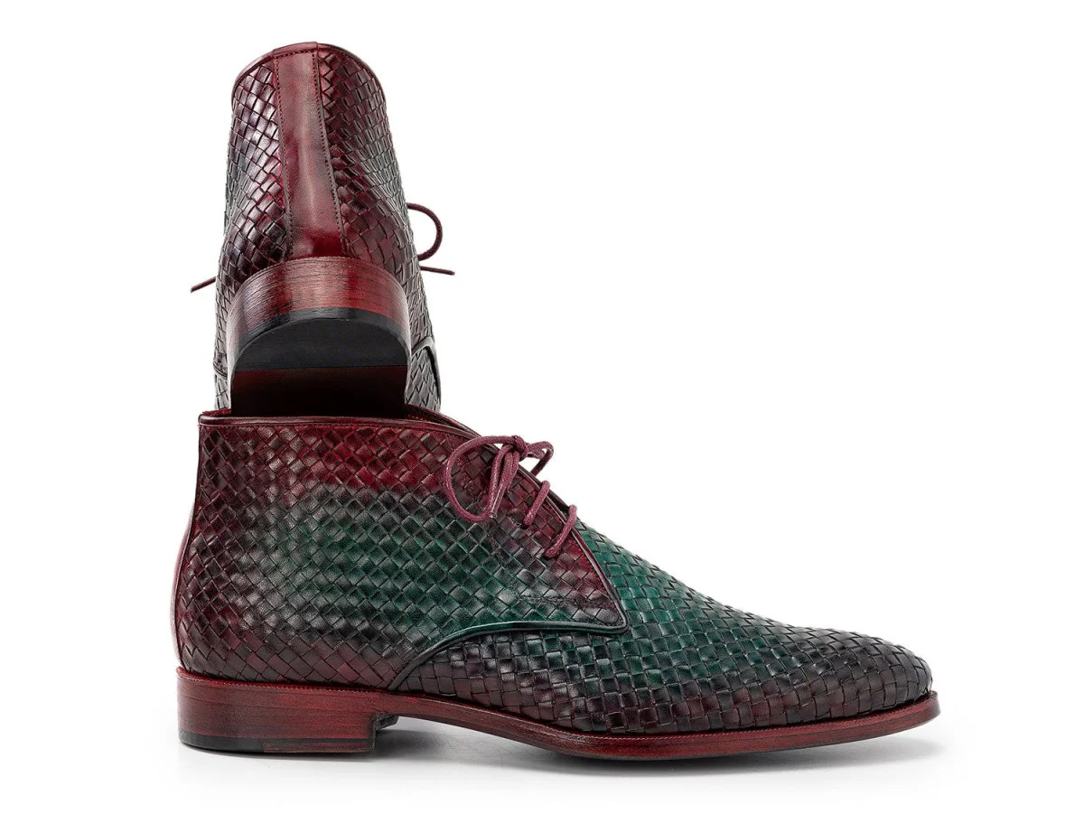 Paul Parkman Men's Custom Made Green and Purple Woven Leather Chukka Boots CK82WGP - Image 4
