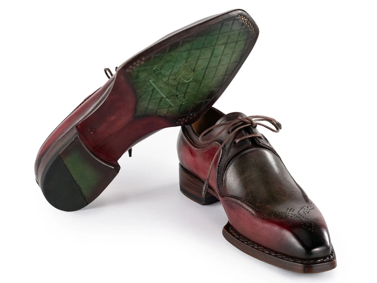 Paul Parkman Men's Custom Made Hand-Welted Green and Brown Leather Derby Shoes 326Y27 - Image 4