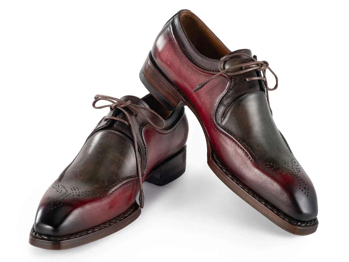 Paul Parkman Men's Custom Made Hand-Welted Green and Brown Leather Derby Shoes 326Y27 - Image 5