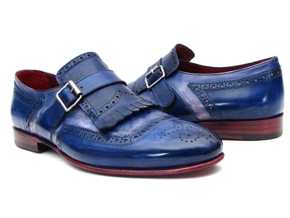 Paul Parkman Men's Custom Made Kiltie Monkstrap Shoes Dual Tone Blue Leather 12BL78 - Image 4