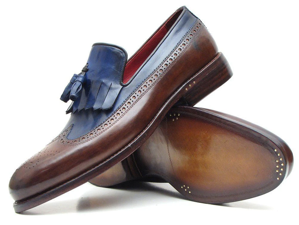 Paul Parkman Men's Custom Made Leather Kiltie Loafers with Tassel in Dark Brown and Navy - Image 3