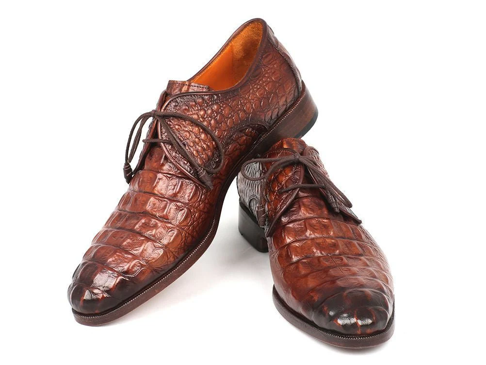 Paul Parkman Men's Custom Made Light Brown Crocodile Embossed Calfskin Derby Shoes 1438TAB - Image 4