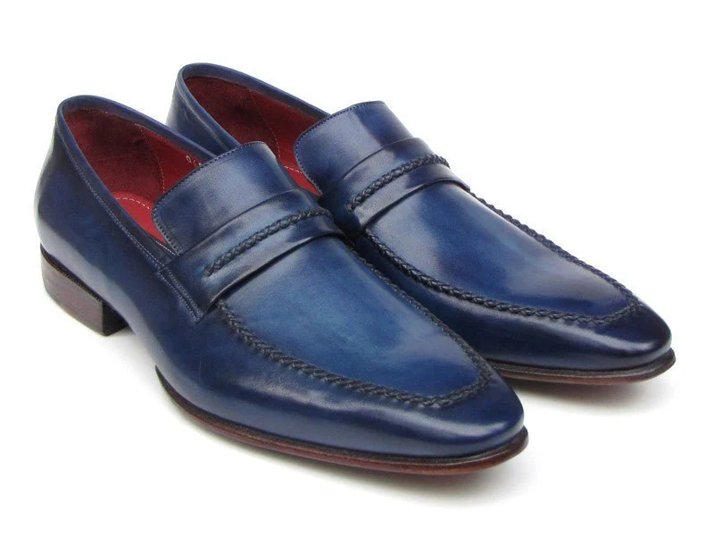 Paul Parkman Men's Custom Made Navy Leather Loafers – Hand-Painted Dress Shoes