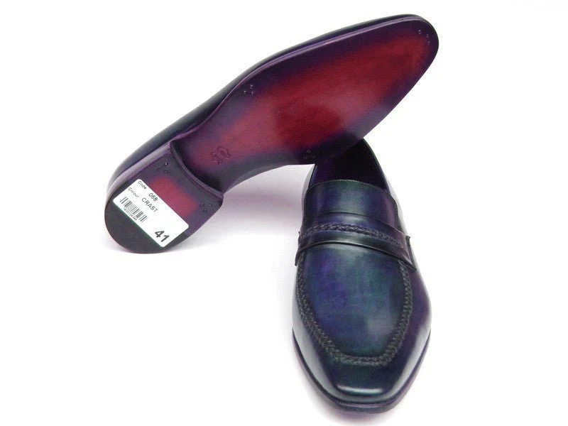 Paul Parkman Men's Custom Made Navy Leather Loafers – Hand-Painted Dress Shoes - Image 4