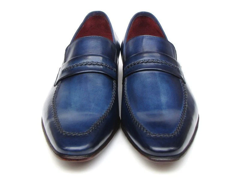 Paul Parkman Men's Custom Made Navy Leather Loafers – Hand-Painted Dress Shoes - Image 5