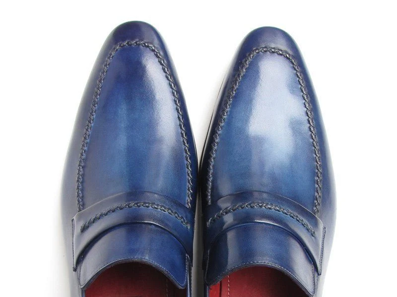 Paul Parkman Men's Custom Made Navy Leather Loafers – Hand-Painted Dress Shoes - Image 6
