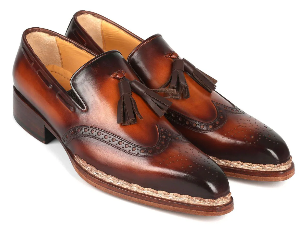 Paul Parkman Men's Custom Made Norwegian Welted Tassel Loafers Brown Burnished Leather 8507-BRW