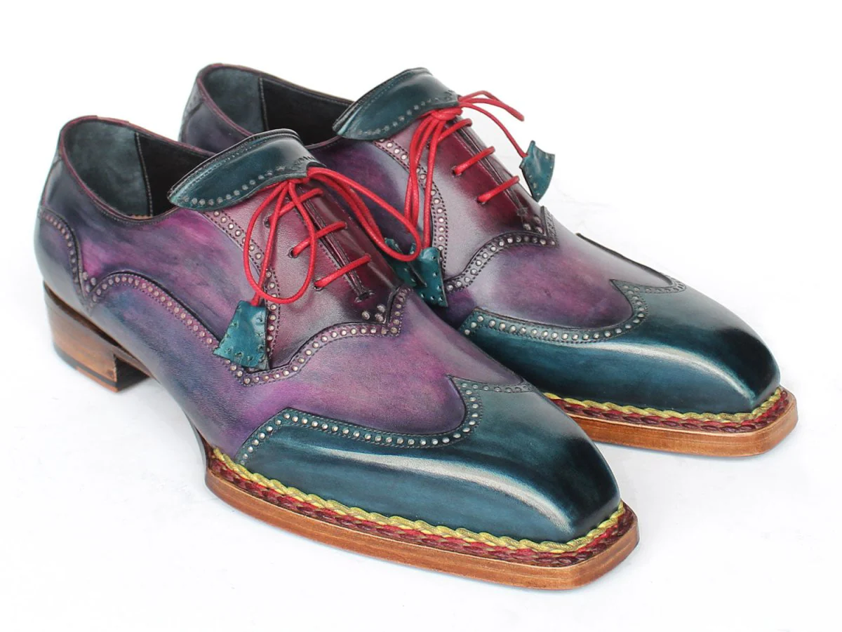 Paul Parkman Men's Custom Made Norwegian Welted Wingtip Purple and Blue Leather Oxford Shoes 267BP78