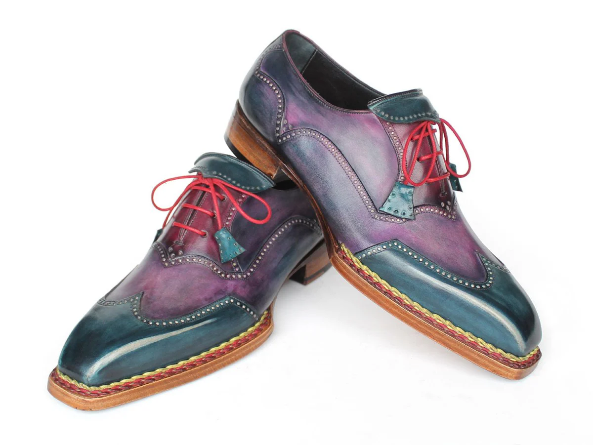 Paul Parkman Men's Custom Made Norwegian Welted Wingtip Purple and Blue Leather Oxford Shoes 267BP78 - Image 4