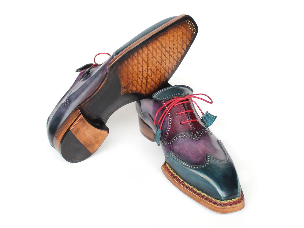 Paul Parkman Men's Custom Made Norwegian Welted Wingtip Purple and Blue Leather Oxford Shoes 267BP78 - Image 5