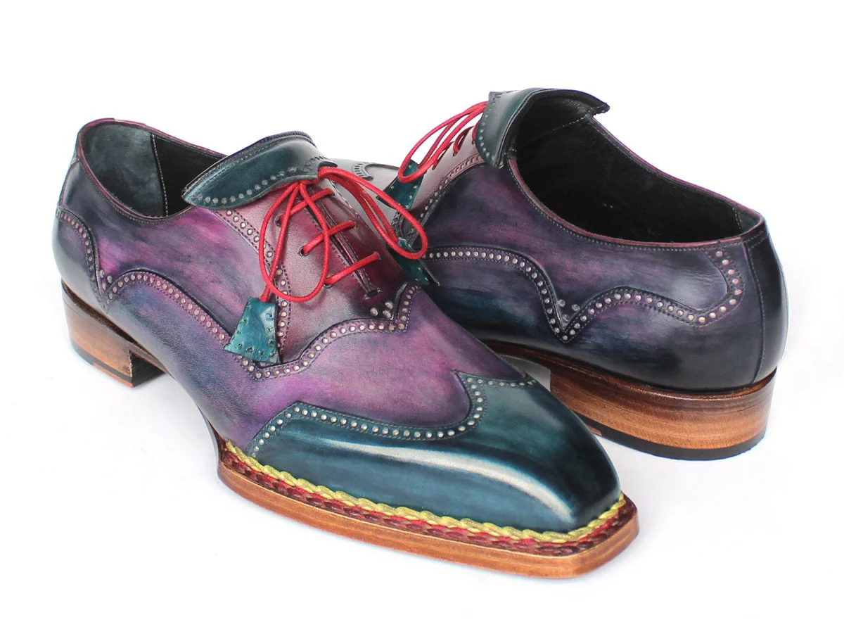 Paul Parkman Men's Custom Made Norwegian Welted Wingtip Purple and Blue Leather Oxford Shoes 267BP78 - Image 6