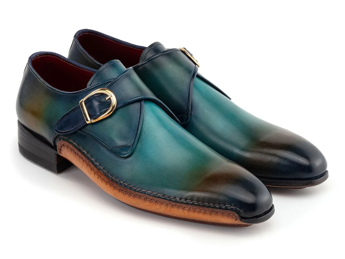 Paul Parkman Men's Custom Made Single Monkstrap Shoes Turquoise and Brown 69V7U