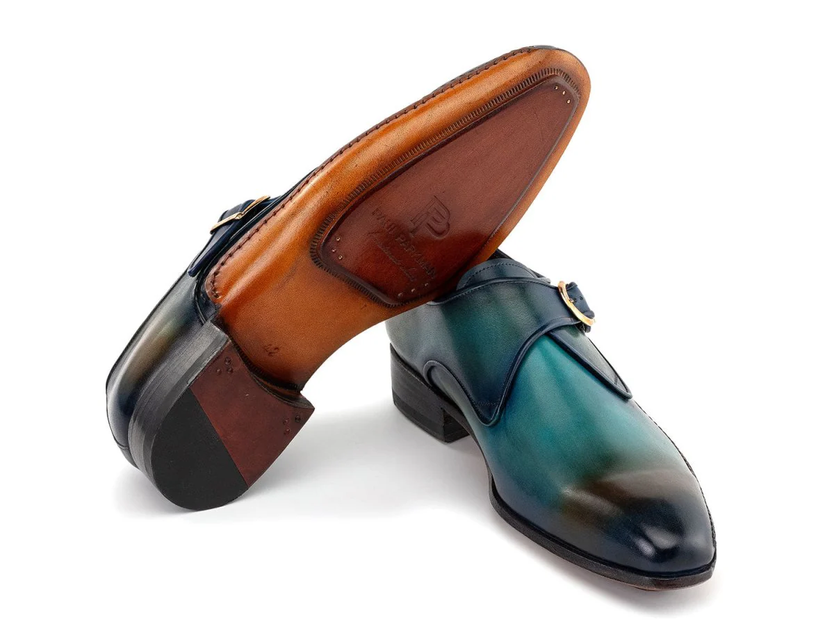 Paul Parkman Men's Custom Made Single Monkstrap Shoes Turquoise and Brown 69V7U - Image 4