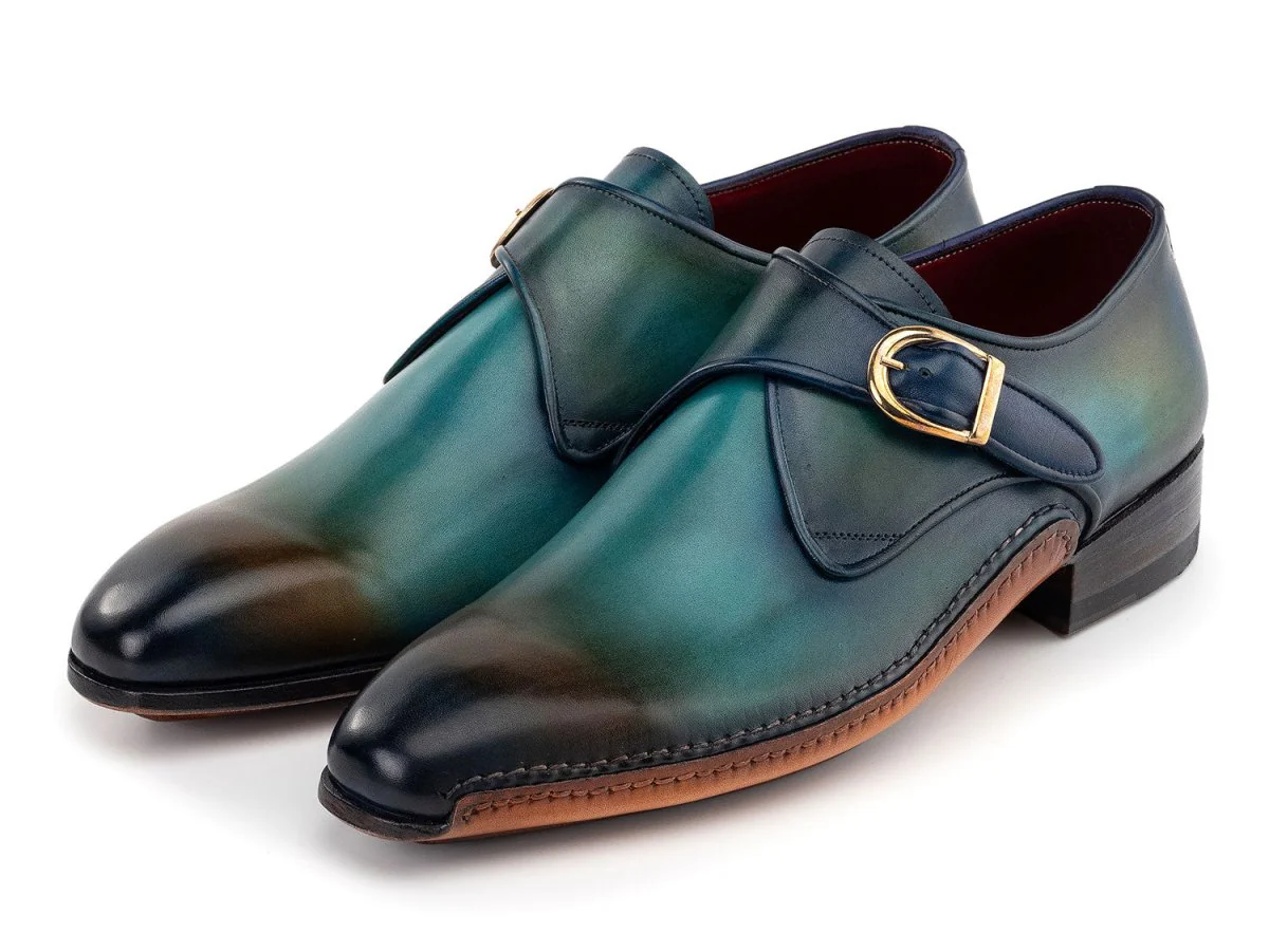 Paul Parkman Men's Custom Made Single Monkstrap Shoes Turquoise and Brown 69V7U - Image 6