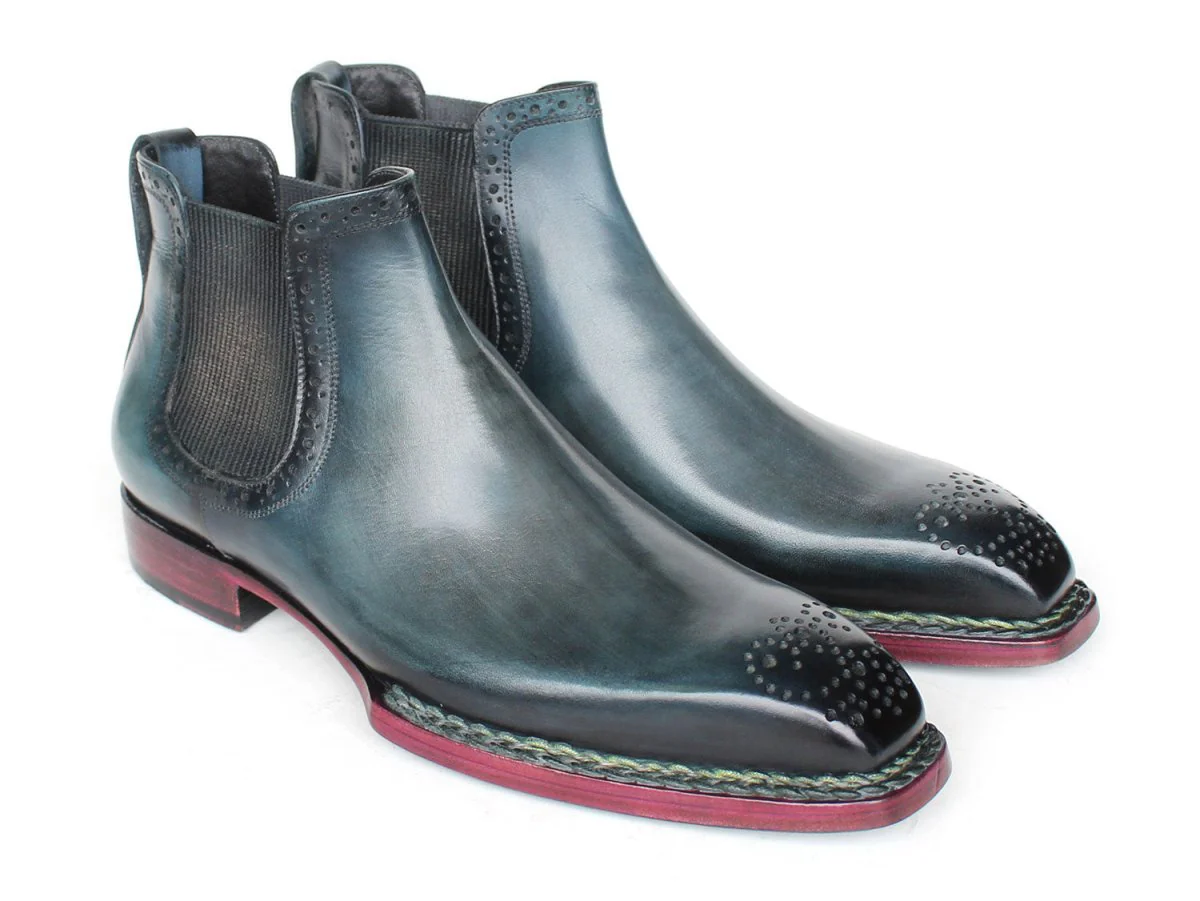 Paul Parkman Men's Custom Norwegian Welted Chelsea Boots Blue Burnished Leather 8847-BLU