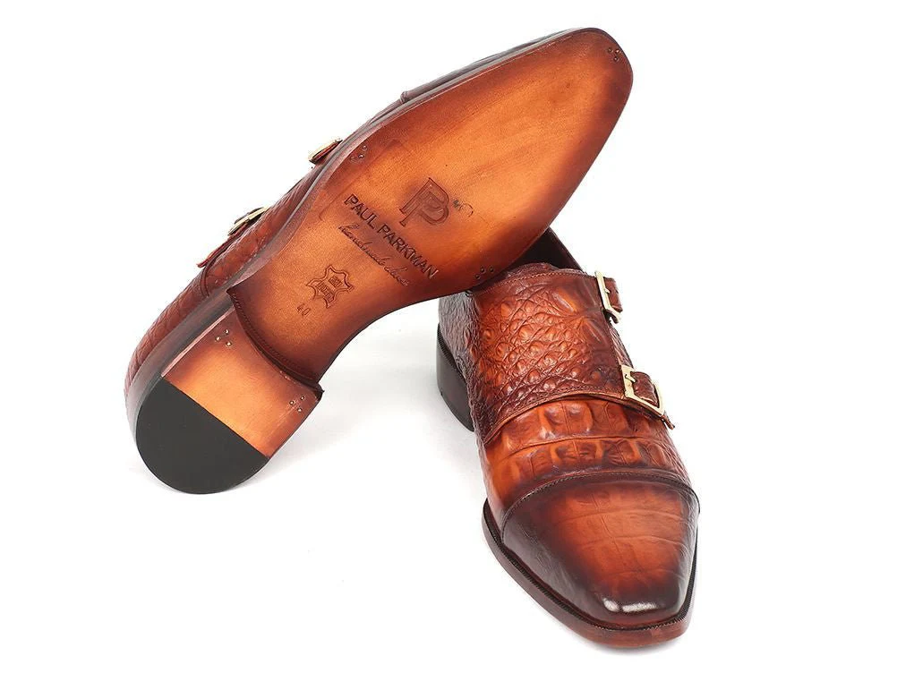 Paul Parkman Men's Double Monkstrap Brown Crocodile Embossed Calfskin (ID#PP2280) - Image 3