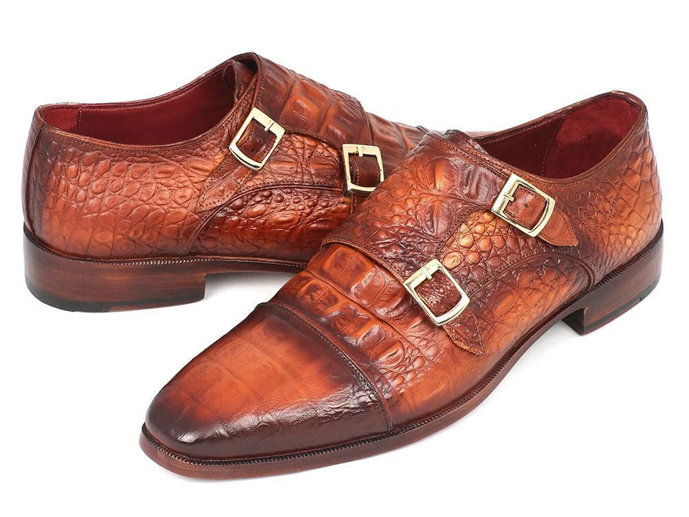 Paul Parkman Men's Double Monkstrap Brown Crocodile Embossed Calfskin (ID#PP2280) - Image 4