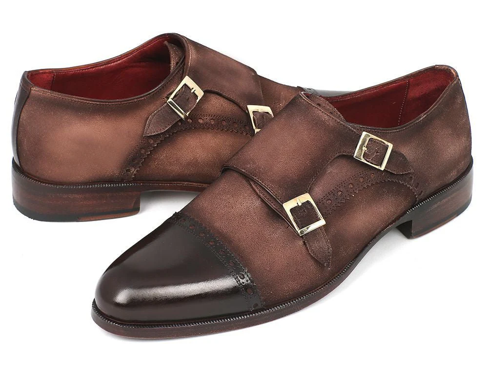 Paul Parkman Men's Double Monkstrap Captoe Dress Shoes - Brown / Beige Suede Upper and Leather Sole (ID#FK09) - Image 2