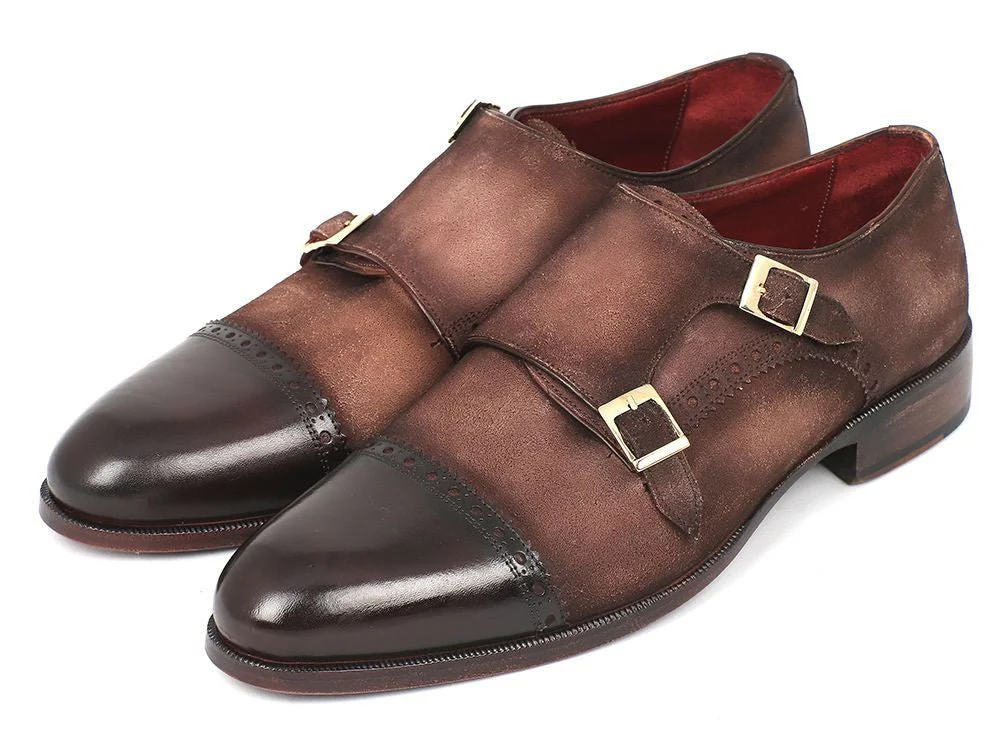 Paul Parkman Men's Double Monkstrap Captoe Dress Shoes - Brown / Beige Suede Upper and Leather Sole (ID#FK09) - Image 6