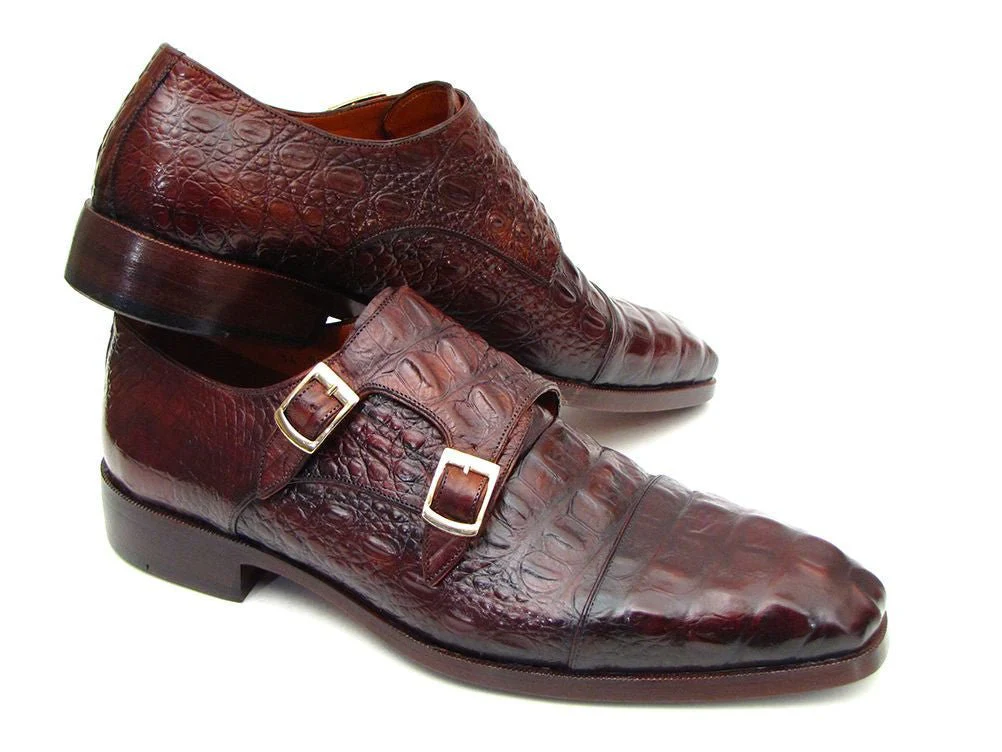 Paul Parkman Men's Double Monkstraps Brown and Bordeaux Crocodile Embossed Calfskin (ID#045FG12) - Image 2