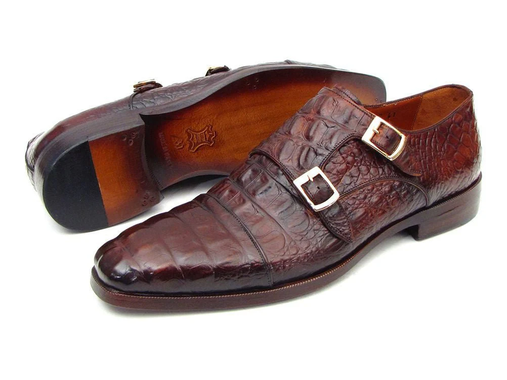Paul Parkman Men's Double Monkstraps Brown and Bordeaux Crocodile Embossed Calfskin (ID#045FG12) - Image 3